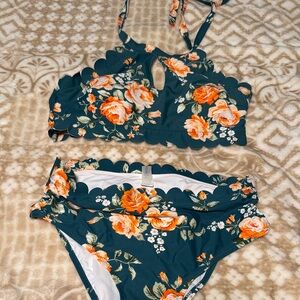 Cupshe Floral Bikini in Dark Green and Orange